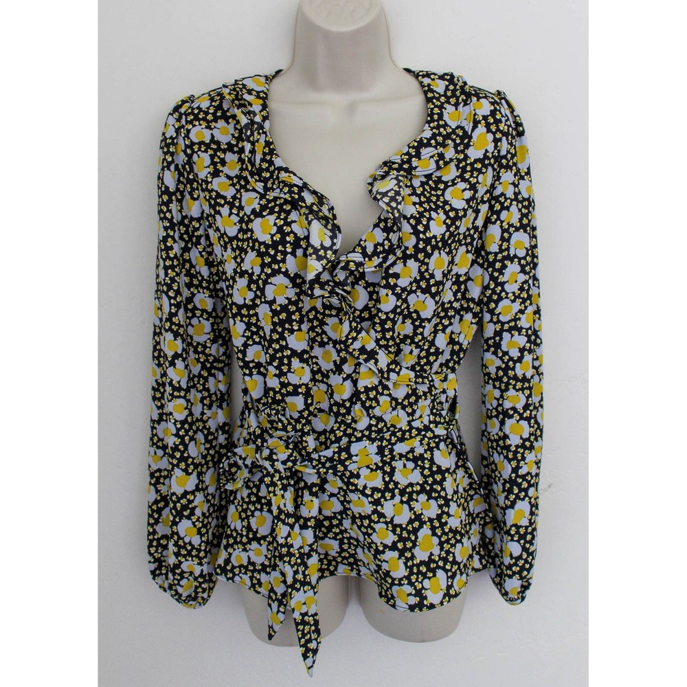 Karen Millen Top Size 6 Black Yellow Floral Wrap Blouse Ruffle Neck Long Sleeve